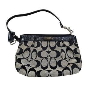 Coach Signature Womens Gray Black Canvas Leather Trim Monogram Designer Wristlet